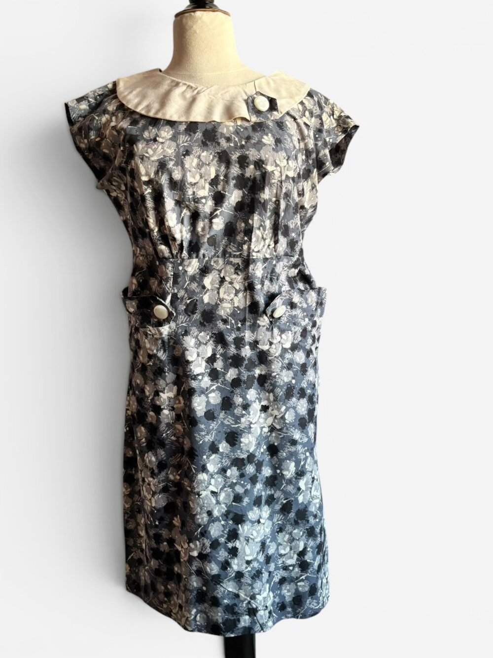 Vintage 1950s Abstract Print Cotton Sheath Day Dress M/L